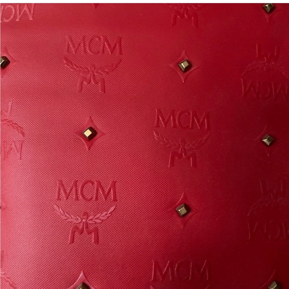 EUC MCM Studded Claudia Red Coated Canvas and Leather Tote - Picture 3 of 10